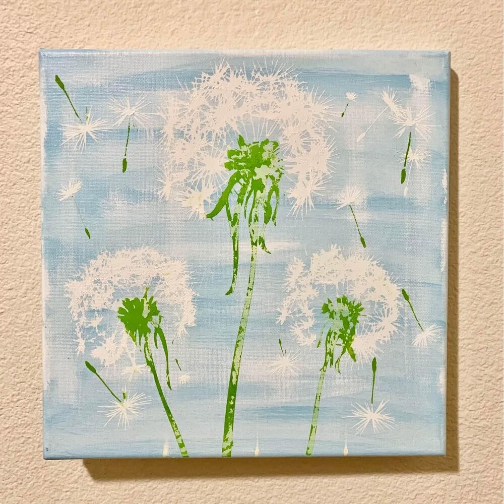 Dandelion Decor, Floral Painting, Blue Cottagecore Artwork, Farmhouse Wall Art